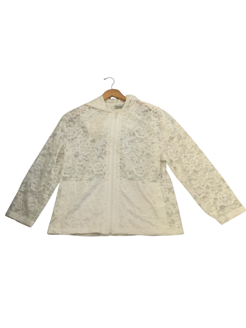 Chico's Womens Size 2/Large Lace Hooded Sweatshirt Zip Up Front White Summer